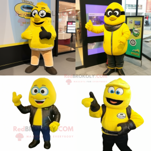 Lemon Yellow Wrist Watch mascot costume character dressed with a Leather Jacket and Mittens