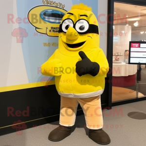 Lemon Yellow Wrist Watch mascot costume character dressed with a Leather Jacket and Mittens