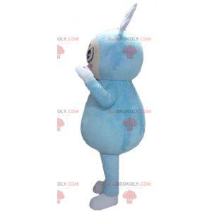 Boy mascot in blue outfit with wings on his head -