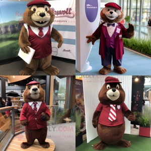 Maroon Beaver mascot costume character dressed with a Mini Dress and Pocket squares