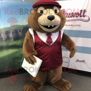 Maroon Beaver mascot costume character dressed with a Mini Dress and Pocket squares