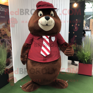 Maroon Beaver mascot costume character dressed with a Mini Dress and Pocket squares