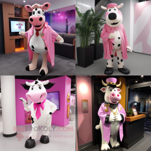 Pink Holstein Cow mascot costume character dressed with a Suit Pants and Shawl pins