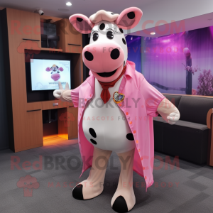 Pink Holstein Cow mascot costume character dressed with a Suit Pants and Shawl pins