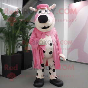 Pink Holstein Cow mascot costume character dressed with a Suit Pants and Shawl pins