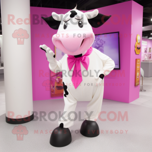 Pink Holstein Cow mascot costume character dressed with a Suit Pants and Shawl pins