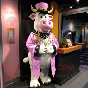 Pink Holstein Cow mascot costume character dressed with a Suit Pants and Shawl pins