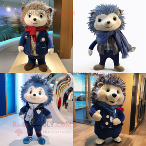 Navy Hedgehog mascot costume character dressed with a Jeggings and Scarf clips
