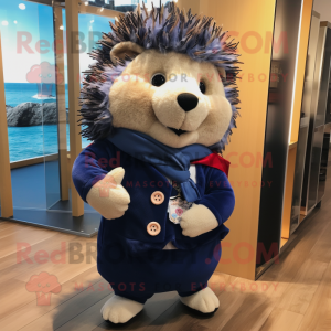 Navy Hedgehog mascot costume character dressed with a Jeggings and Scarf clips