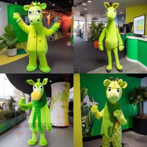 Lime Green Giraffe mascot costume character dressed with a Sweatshirt and Scarves