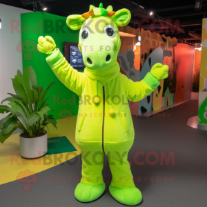 Lime Green Giraffe mascot costume character dressed with a Sweatshirt and Scarves