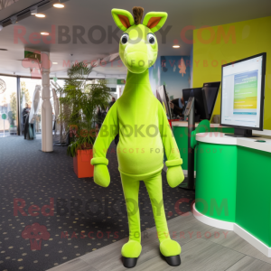 Lime Green Giraffe mascot costume character dressed with a Sweatshirt and Scarves