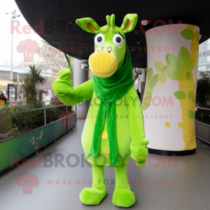 Lime Green Giraffe mascot costume character dressed with a Sweatshirt and Scarves