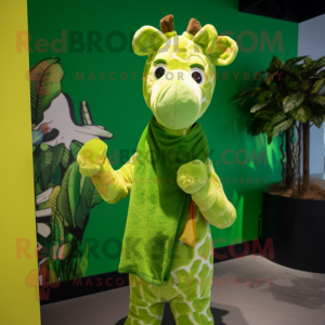 Lime Green Giraffe mascot costume character dressed with a Sweatshirt and Scarves