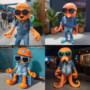 Orange Octopus mascot costume character dressed with a Denim Shirt and Sunglasses