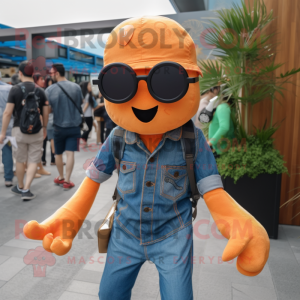 Orange Octopus mascot costume character dressed with a Denim Shirt and Sunglasses