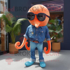 Orange Octopus mascot costume character dressed with a Denim Shirt and Sunglasses