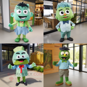 Green Fried Rice mascot costume character dressed with a Chambray Shirt and Bow ties