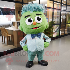 Green Fried Rice mascot costume character dressed with a Chambray Shirt and Bow ties