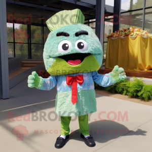 Green Fried Rice mascot costume character dressed with a Chambray Shirt and Bow ties