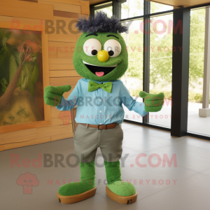 Green Fried Rice mascot costume character dressed with a Chambray Shirt and Bow ties