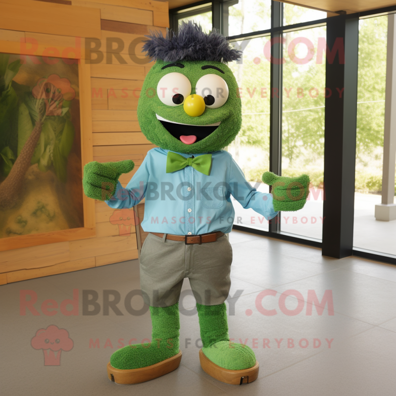 Green Fried Rice mascot costume character dressed with a Chambray Shirt and Bow ties Green Fried Rice mascot costume character dressed with a Chambray Shirt and Bow ties