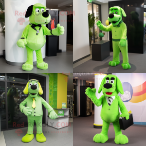 Lime Green Dog mascot costume character dressed with a Suit Pants and Gloves