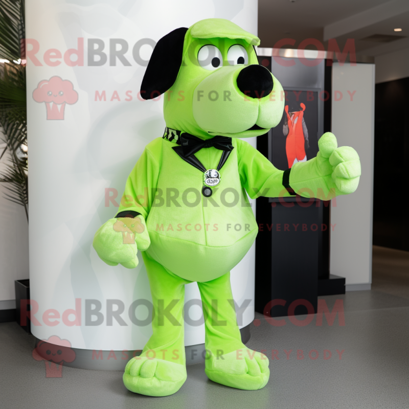 Lime Green Dog mascot costume character dressed with a Suit Pants and Gloves