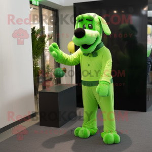 Lime Green Dog mascot costume character dressed with a Suit Pants and Gloves