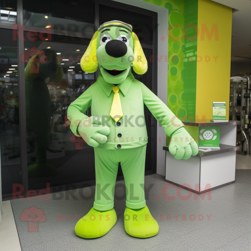 Lime Green Dog mascot costume character dressed with a Suit Pants and Gloves