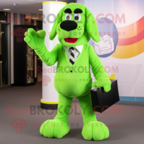 Lime Green Dog mascot costume character dressed with a Suit Pants and Gloves