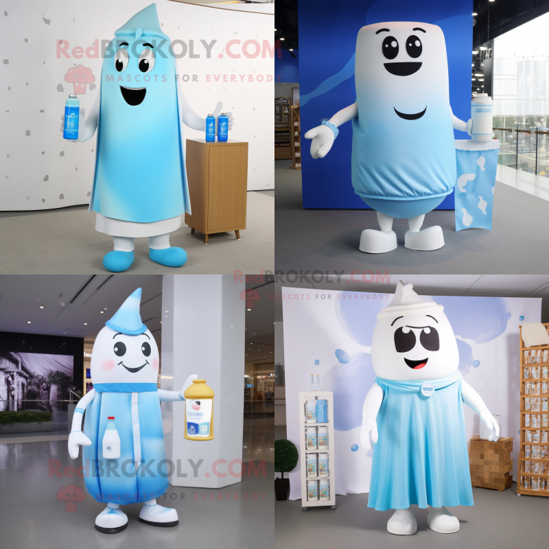 Sky Blue Bottle Of Milk mascot costume character dressed with a Sheath Dress and Wallets