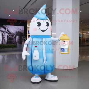 Sky Blue Bottle Of Milk mascot costume character dressed with a Sheath Dress and Wallets