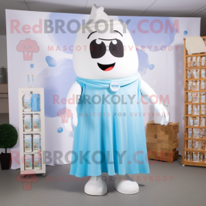 Sky Blue Bottle Of Milk mascot costume character dressed with a Sheath Dress and Wallets