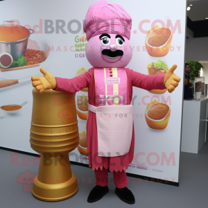 Pink Biryani mascot costume character dressed with a Waistcoat and Anklets