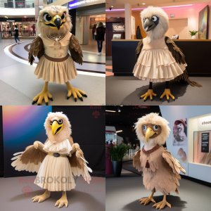 Beige Haast'S Eagle mascot costume character dressed with a Circle Skirt and Hair clips