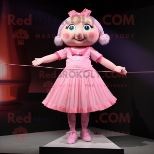 Pink Tightrope Walker mascot costume character dressed with a Pleated Skirt and Shoe clips