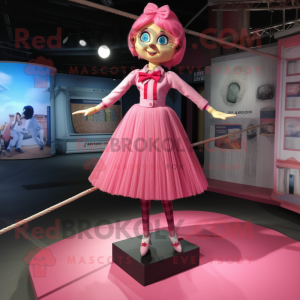 Pink Tightrope Walker mascot costume character dressed with a Pleated Skirt and Shoe clips