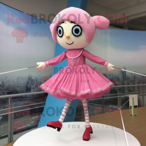 Pink Tightrope Walker mascot costume character dressed with a Pleated Skirt and Shoe clips