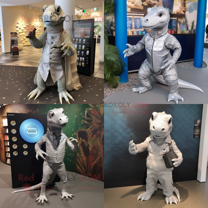 Silver Komodo Dragon mascot costume character dressed with a Chinos and Coin purses Silver Komodo Dragon mascot costume character dressed with a Chinos and Coin purses