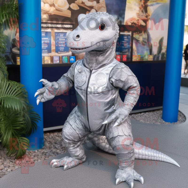 Silver Komodo Dragon mascot costume character dressed with a Chinos and Coin purses