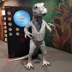 Silver Komodo Dragon mascot costume character dressed with a Chinos and Coin purses