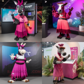 Magenta Okapi mascot costume character dressed with a Maxi Skirt and Gloves