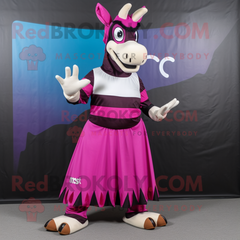 Magenta Okapi mascot costume character dressed with a Maxi Skirt and Gloves