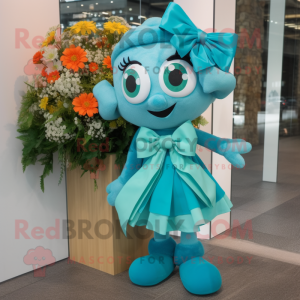 Turquoise Bouquet Of Flowers mascot costume character dressed with a Wrap Skirt and Bow ties