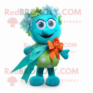 Turquoise Bouquet Of Flowers mascot costume character dressed with a Wrap Skirt and Bow ties