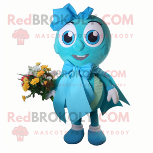 Turquoise Bouquet Of Flowers mascot costume character dressed with a Wrap Skirt and Bow ties