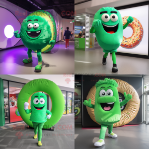 Green Donut mascot costume character dressed with a Running Shorts and Mittens