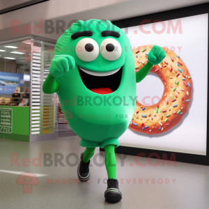 Green Donut mascot costume character dressed with a Running Shorts and Mittens