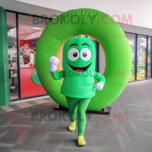 Green Donut mascot costume character dressed with a Running Shorts and Mittens